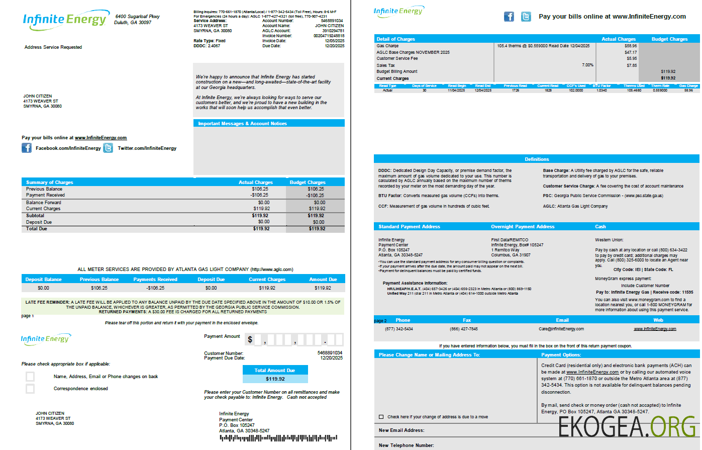 USA Infinite Energy utility bill template in Word and PDF formats. 2 pages